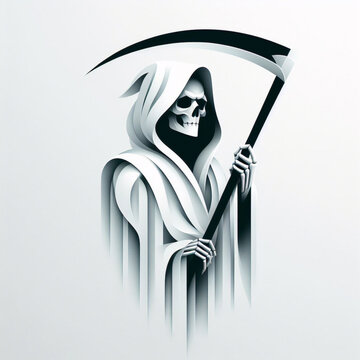 The image of death in black clothes with a scythe in his hands, a black hood. Grim reaper in white background. Depression, despondency, fear, fright, mysticism.