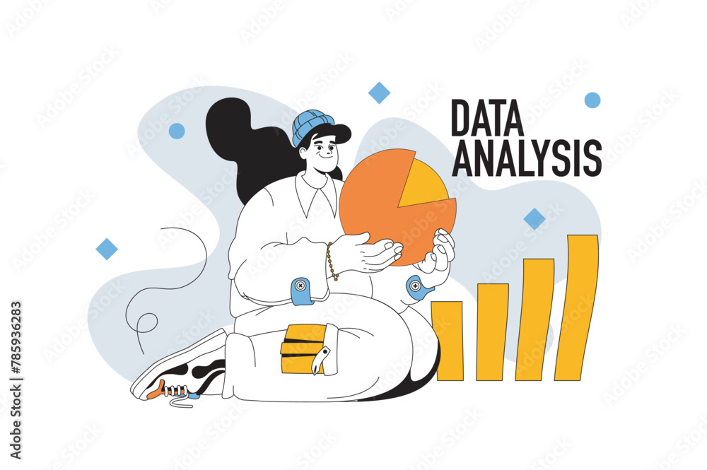 Poster data analysis outline web modern concept in flat line design. woman researching financial diagram an