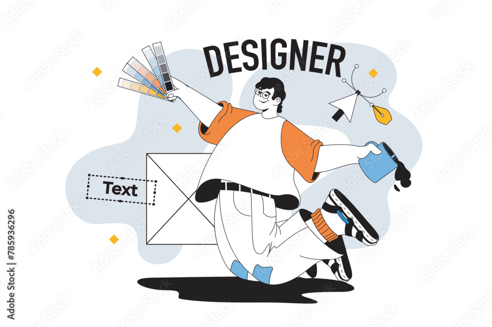 Poster Designer outline web modern concept in flat line design. Man working with colours palette and text for digital creative projects. Vector illustration for social media banner, marketing material.