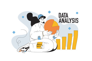 Data analysis outline web modern concept in flat line design. Woman researching financial diagram and statistic graphs with growth. Vector illustration for social media banner, marketing material.