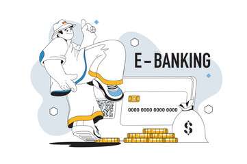Online banking outline web modern concept in flat line design. Man managing money at financial account, makes online payment in app. Vector illustration for social media banner, marketing material.