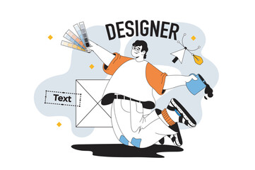 Designer outline web modern concept in flat line design. Man working with colours palette and text for digital creative projects. Vector illustration for social media banner, marketing material.
