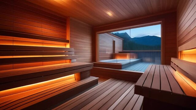 Luxury interior of empty sauna with traditional panoramic window with mountain view. Large wooden sauna, spa room for relaxation and cleansing. Comfortable wooden room lit by warm lights