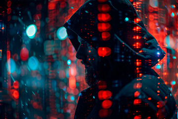 Silhouette of a hacker in a hood on a luminous background. Cybercrime, cyberattack concept.