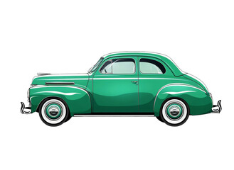 Fototapeta na wymiar Retro car, side view, isolated on transparent background. Classic green vintage automotive PNG illustration. For banner, collectors, posters, card.