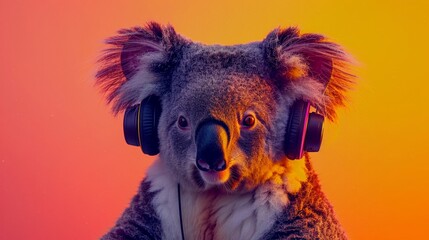 Fototapeta premium A koala lost in music, wearing flashy headphones, on a serene sunset orange background, embodying vacation vibes
