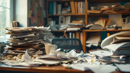 A desk overflowing with paperwork, a spilled coffee cup adding to the chaos, representing the feeling of being overloaded and unable to cope. - obrazy, fototapety, plakaty
