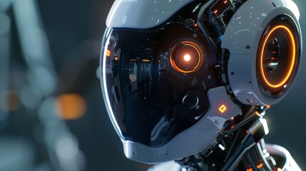 A close-up photorealistic portrait of a friendly AI robot with soft, glowing eyes, looking curiously at the camera.3D rendering