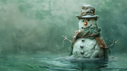 An almost melted snowman, hat and scarf drooping, conveying the heats impact, on a serene green background - obrazy, fototapety, plakaty