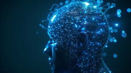 A cybernetic brain implant with glowing neural connections seamlessly integrated into a shaved human head. Emphasize a sleek, high-tech aesthetic.