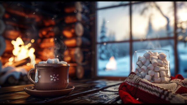 A cup of hot cocoa with marshmallows next to a crackling fireplace in a cozy cabin. Include a wintery scene outside the window.