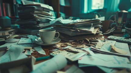 A desk overflowing with paperwork, a spilled coffee cup adding to the chaos, representing the feeling of being overloaded and unable to cope. - obrazy, fototapety, plakaty