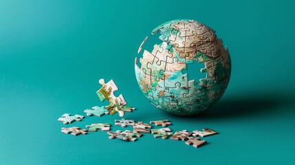 Pieces of a jigsaw puzzle forming a detailed globe, one piece floating towards its spot, on a vibrant teal backdrop