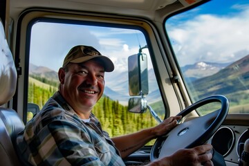 middle aged man is driving a truck smiling at the camera