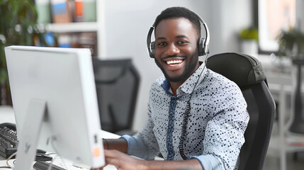 A customer service representative wearing a headset and providing assistance to a customer over the phone exemplifies professionalism clarity delivering, error, system, and customer service concepts. - obrazy, fototapety, plakaty