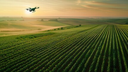 Fototapeta na wymiar A drone flying over a vast field with crops arranged in precise geometric patterns, showcasing the use of technology in modern agriculture.