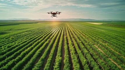 A drone flying over a vast field with crops arranged in precise geometric patterns, showcasing the use of technology in modern agriculture.