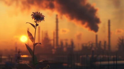 A factory spewing thick black smoke into a hazy orange sky, with a single wilting flower in the foreground, symbolizing the detrimental impact of industrial pollution on the environment.