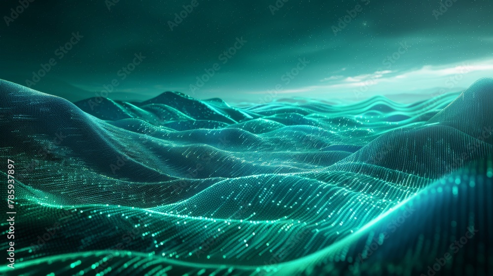 Poster a digital landscape with rolling hills made of code and rivers of glowing data, representing the vas