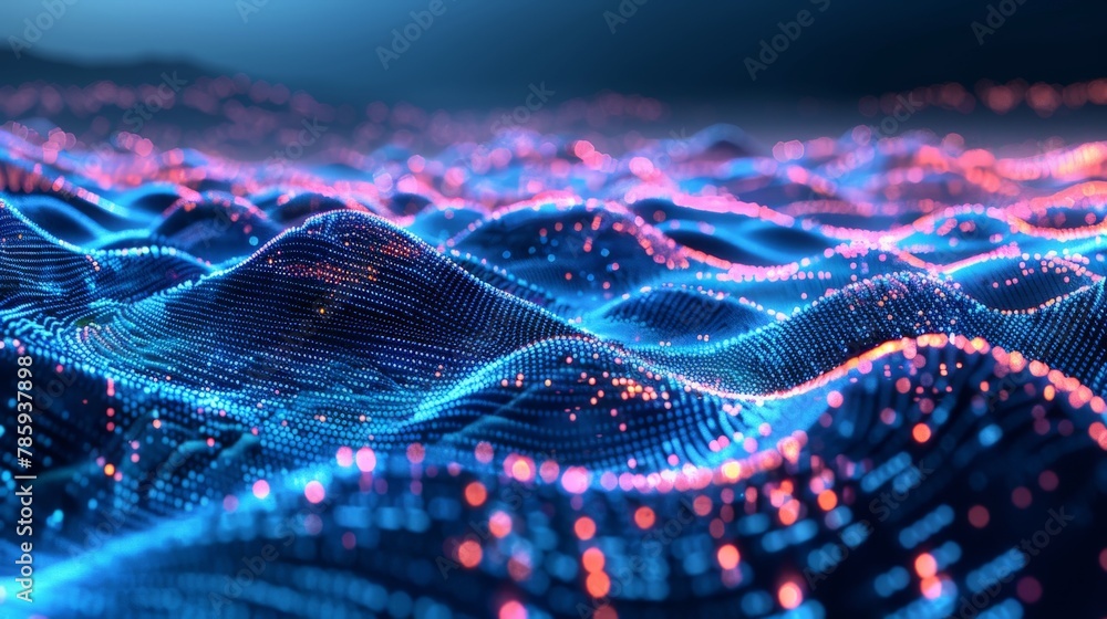 Poster a digital landscape with rolling hills made of code and rivers of glowing data, representing the vas