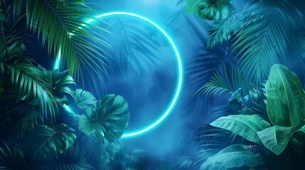 Fototapeta na wymiar A captivating abstract neon background adorned with tropical leaves and a circular frame