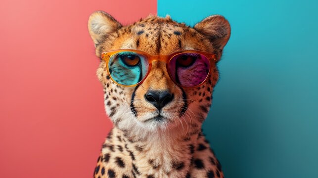 A captivating photograph of a chic cheetah wearing colorful glasses