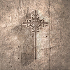 Christian cross. Concrete wall. Religion concept illustration.