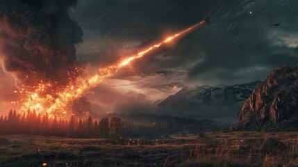 A dramatic scene of a meteor shower impacting the Earth, leading to the extinction of dinosaurs. - obrazy, fototapety, plakaty