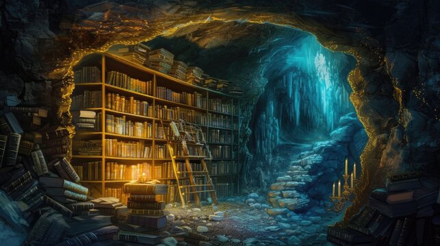 An ancient library filled with magical books, glowing orbs, and mystical artifacts. Shelves reach up to a high, vaulted ceiling, with soft light filtering through stained glass windows. Resplendent.