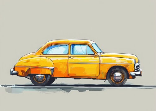 Retro car, side view, isolated on light gray  background. Classic yellow vintage  automotive 2d cartoon watercolor illustration. For  banner, collectors, posters, card.