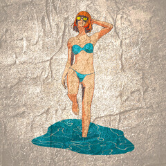 Illustration of a beautiful fashion model posing in a stylish swimsuit. Young attractive woman in bikini wearing sunglasses. Part of ocean or sea