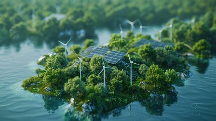 A creative 3D rendering of Earth with solar panels, wind turbines, and verdant trees