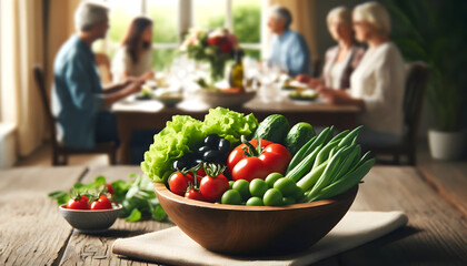 Fresh Vegetables on Table with Family Dining in Background
