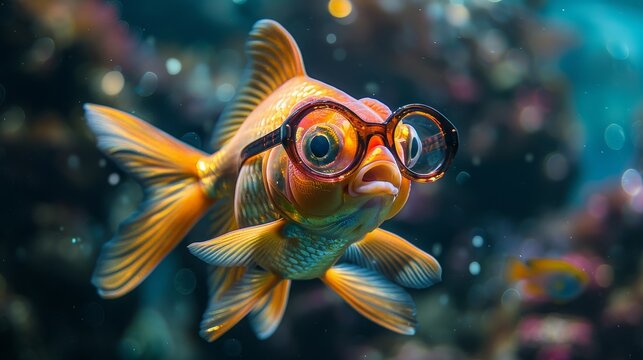 A detailed photo of a fashionable fish wearing colorful glasses