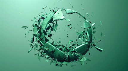 Jade green geometric shards circle in a muted teal setting, a dance of symmetry and chaos - obrazy, fototapety, plakaty