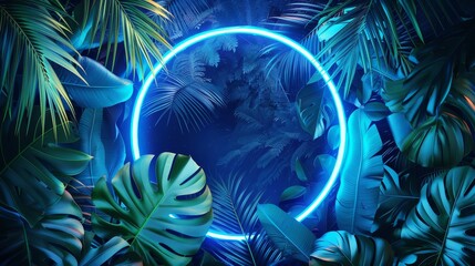 tropical leaves and a circular frame, featuring a color scheme of electric blue and lime green - obrazy, fototapety, plakaty
