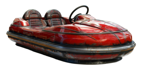 Classic red bumper car with weathered paint isolated on transparent background