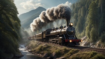 Illustration of steam train on the cliff mountains - obrazy, fototapety, plakaty