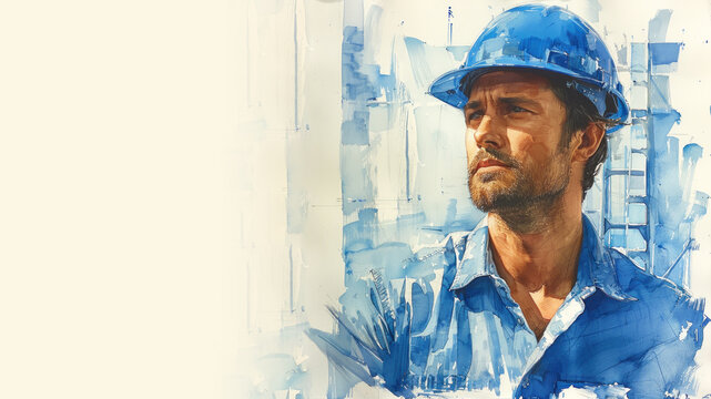 Blue sketch of a construction man on the job site, labor builder worker