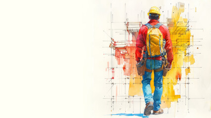 Colorful sketch of a construction man on the job site, labor builder worker