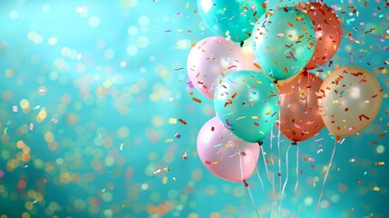 A joyous setting with balloons and confetti against a backdrop of blue and green