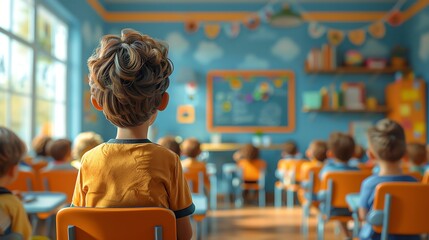 Animated depiction of a person teaching kids about sustainability, blue and orange classroom - obrazy, fototapety, plakaty