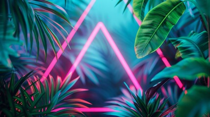 tropical leaves, and a triangle frame design, featuring a color scheme of green and blue - obrazy, fototapety, plakaty