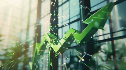 A line graph with a green arrow sharply pointing upwards, breaking through a glass ceiling, symbolizing exponential business growth.3D rendering.