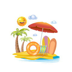 Concepts of a summer vacation with a surfboard.
 Planning vacations and vacations at sea. 3d vector illustration.
