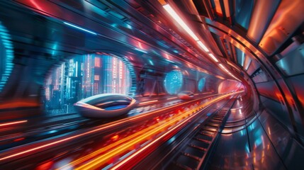 A hyperloop pod shooting through a futuristic tunnel system at incredible speeds, with a glimpse of a bustling cityscape outside.