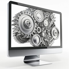 A computer monitor showcasing an intricate arrangement of metallic gears and cogs, symbolizing technology and precision.