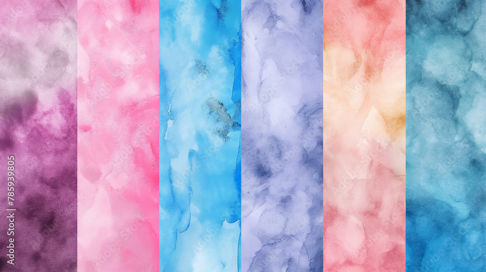 Poster a set of watercolor textures with soft pastel colors, arranged in vertical rows for seamless backgro
