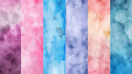  A set of watercolor textures with soft pastel colors, arranged in vertical rows for seamless...