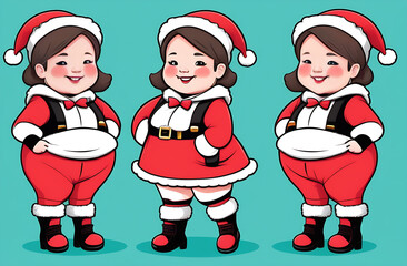 Three cute funny girls in Santa outfit, illustration on a green background